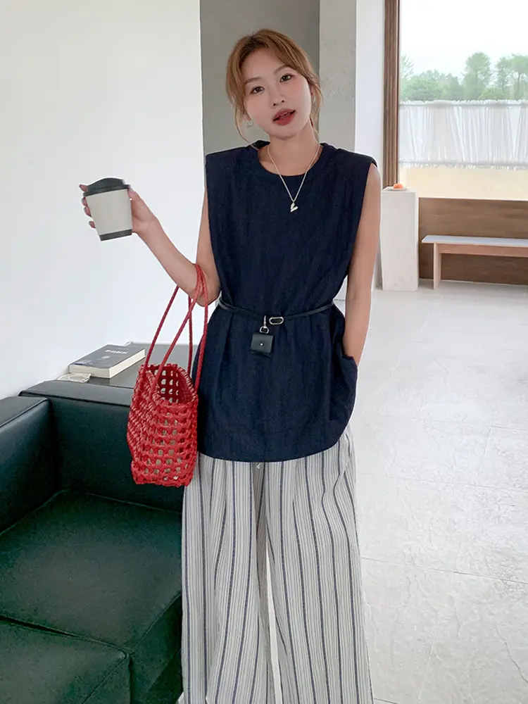 LANMREM 2025 Summer New Navy Blue Sleeveless Denim Top + Wide Leg Striped Casual Pants Female Fashion Clothing 2DM1066