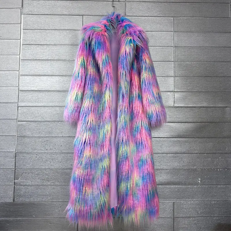 LANMREM Colorblock Jacquard Colorful Women's Faux Fur Coat Suit Collar Winter Thick Warm Long Overcoat Clothing Chic New 2DB4160