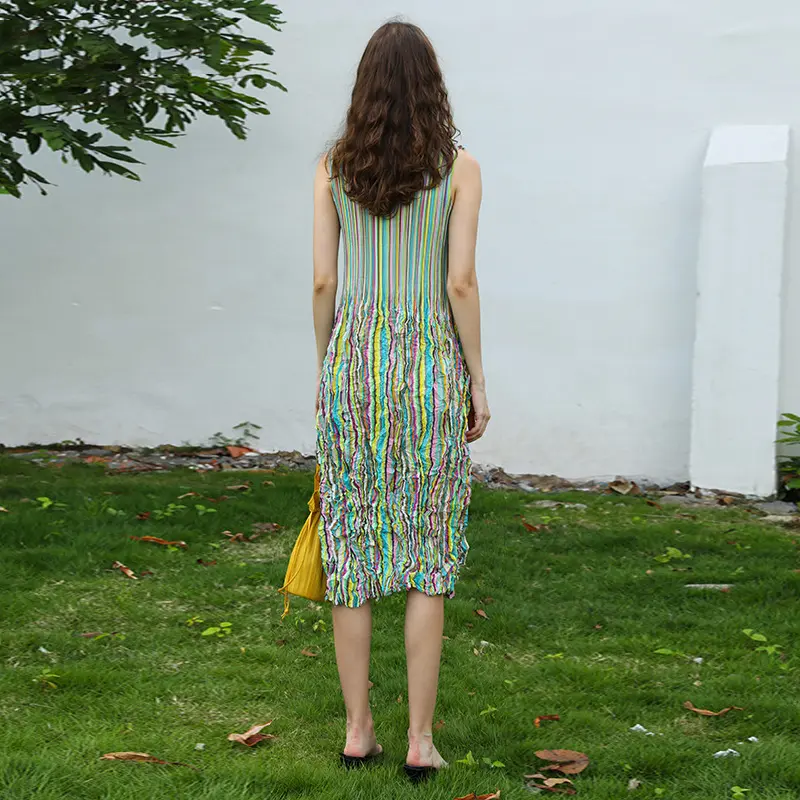 LANMREM Pleated Dress Color-Block Summer Sleeveless O-neck Color Stripe Sweet Comfortable High Waist Elastci Slim Cloth 2DB4154