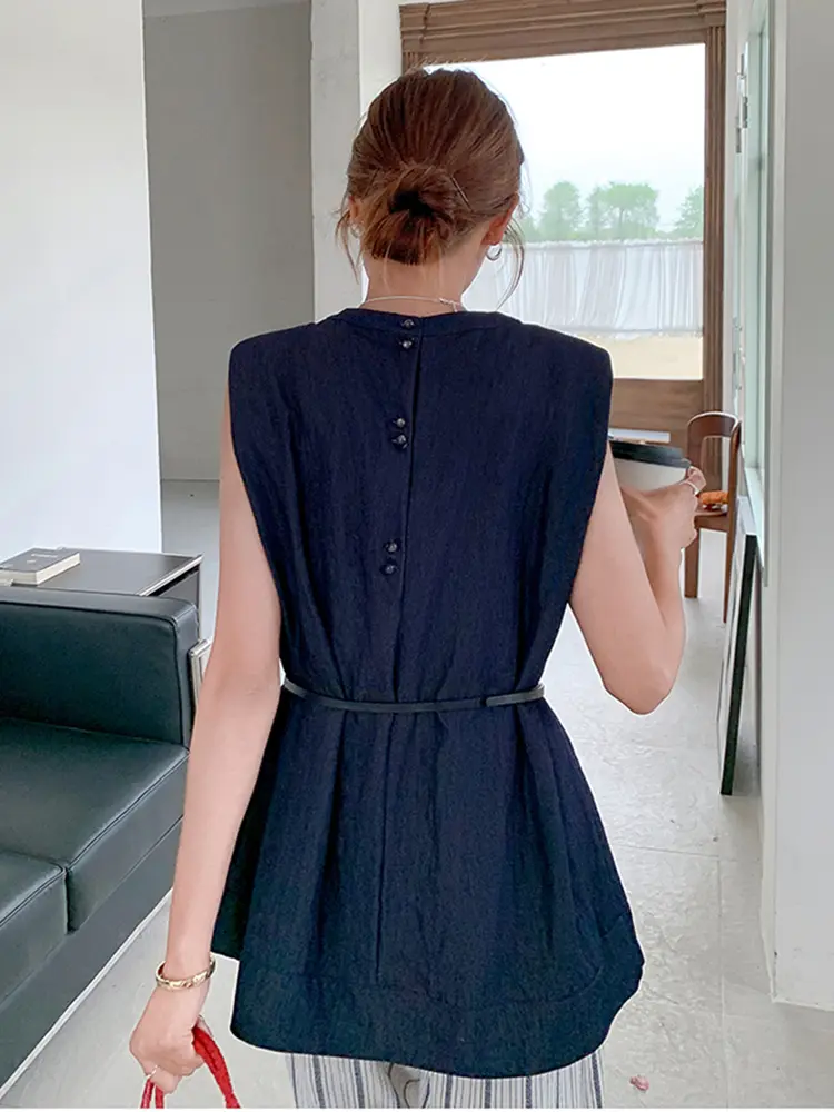 LANMREM 2025 Summer New Navy Blue Sleeveless Denim Top + Wide Leg Striped Casual Pants Female Fashion Clothing 2DM1066