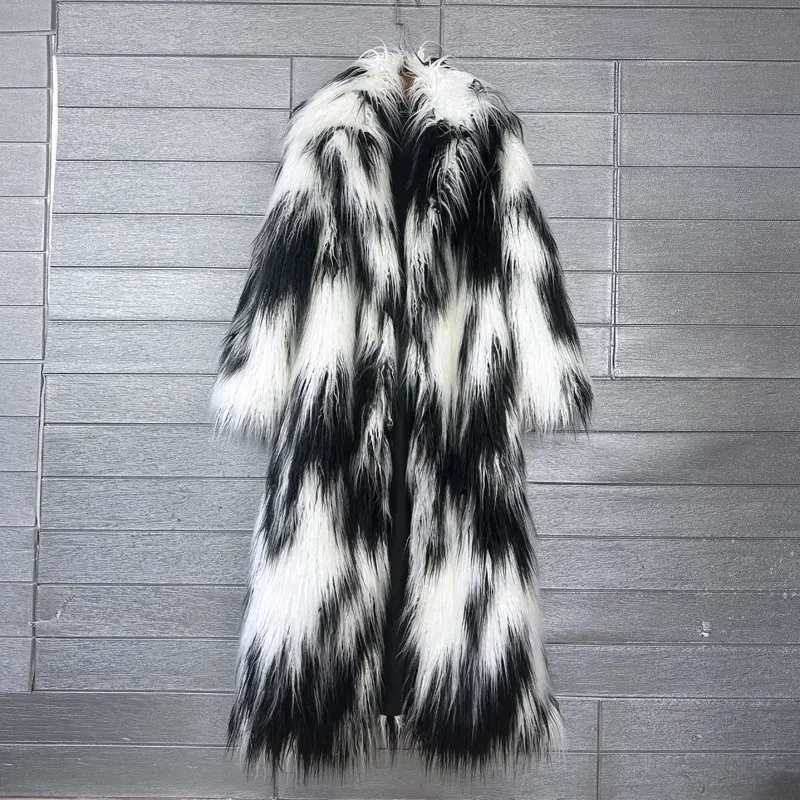 LANMREM Colorblock Jacquard Colorful Women's Faux Fur Coat Suit Collar Winter Thick Warm Long Overcoat Clothing Chic New 2DB4160