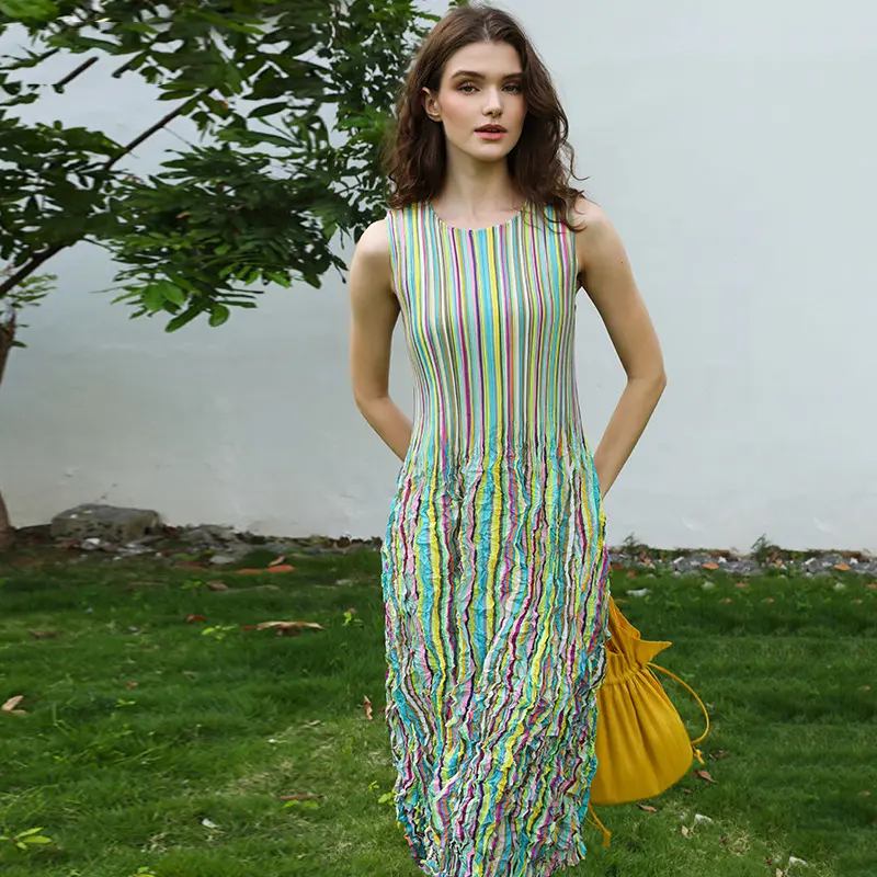 LANMREM Pleated Dress Color-Block Summer Sleeveless O-neck Color Stripe Sweet Comfortable High Waist Elastci Slim Cloth 2DB4154