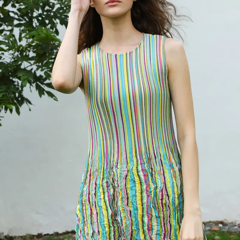 LANMREM Pleated Dress Color-Block Summer Sleeveless O-neck Color Stripe Sweet Comfortable High Waist Elastci Slim Cloth 2DB4154