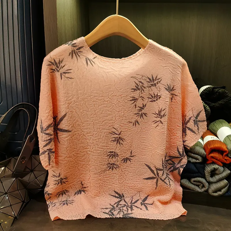 LANMREM Chinese Style Design Ink Print Round Neck T-shirt For Women Summer Loose Casual Batwing Sleeve Pleated Top Chic 2DB3299