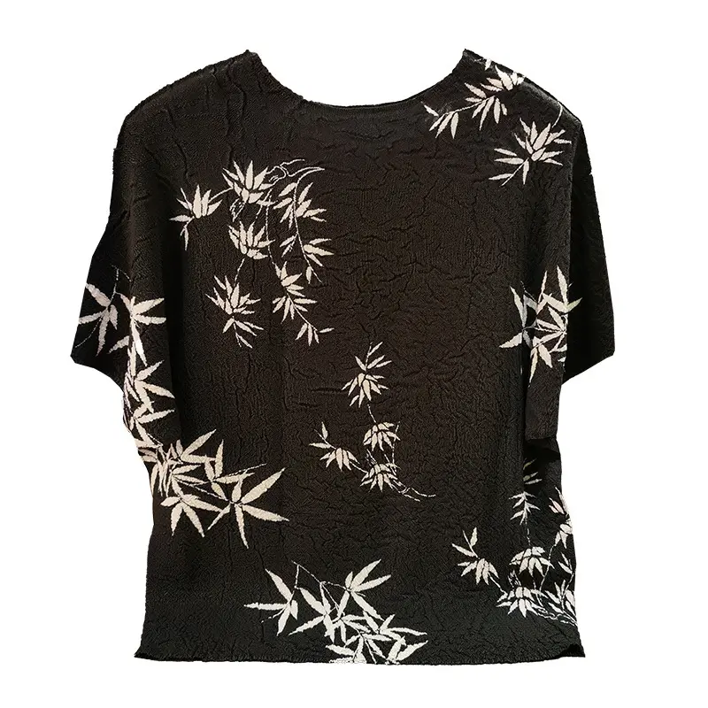 LANMREM Chinese Style Design Ink Print Round Neck T-shirt For Women Summer Loose Casual Batwing Sleeve Pleated Top Chic 2DB3299