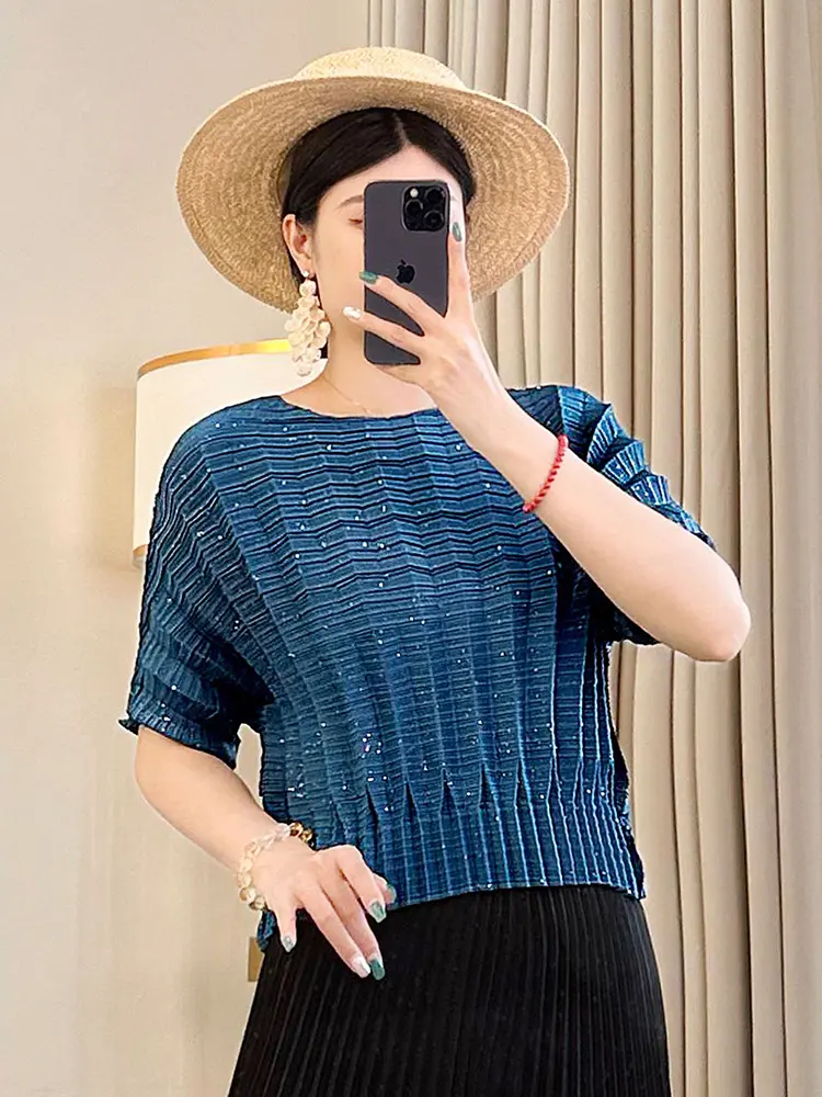 LANMREM Summer Temperament Navy Blue Short-sleeved Pleated T-shirt Women Loose Casual Batwing Short Sleeve Pullover Top 2DB3137