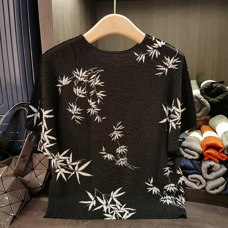 LANMREM Chinese Style Design Ink Print Round Neck T-shirt For Women Summer Loose Casual Batwing Sleeve Pleated Top Chic 2DB3299