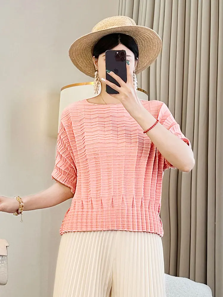 LANMREM Summer Temperament Navy Blue Short-sleeved Pleated T-shirt Women Loose Casual Batwing Short Sleeve Pullover Top 2DB3137