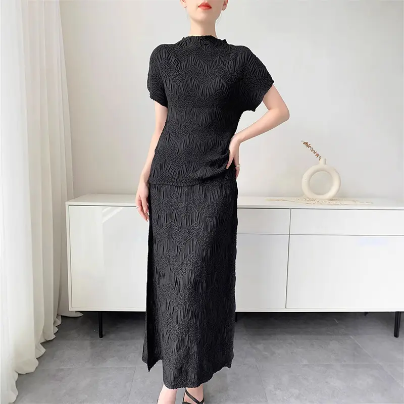 LANMREM Niche Chic Jacquard Pleated Women's Two Pieces Set High Elastic Slim Short Sleeve T-shirt And Straight Skirt New 2DB3702