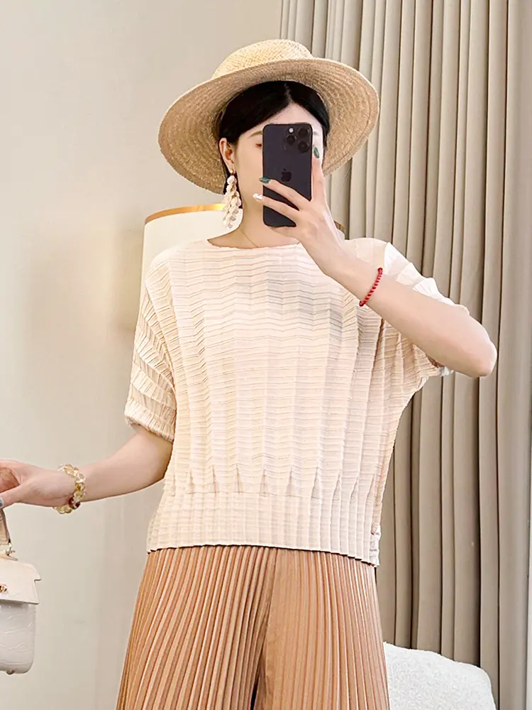 LANMREM Summer Temperament Navy Blue Short-sleeved Pleated T-shirt Women Loose Casual Batwing Short Sleeve Pullover Top 2DB3137
