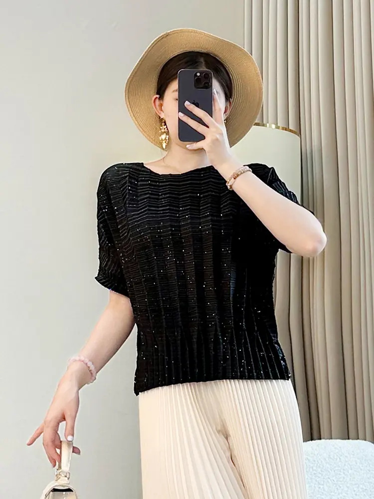 LANMREM Summer Temperament Navy Blue Short-sleeved Pleated T-shirt Women Loose Casual Batwing Short Sleeve Pullover Top 2DB3137