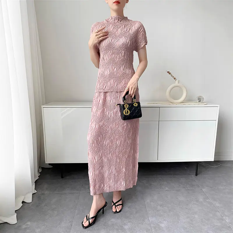 LANMREM Niche Chic Jacquard Pleated Women's Two Pieces Set High Elastic Slim Short Sleeve T-shirt And Straight Skirt New 2DB3702