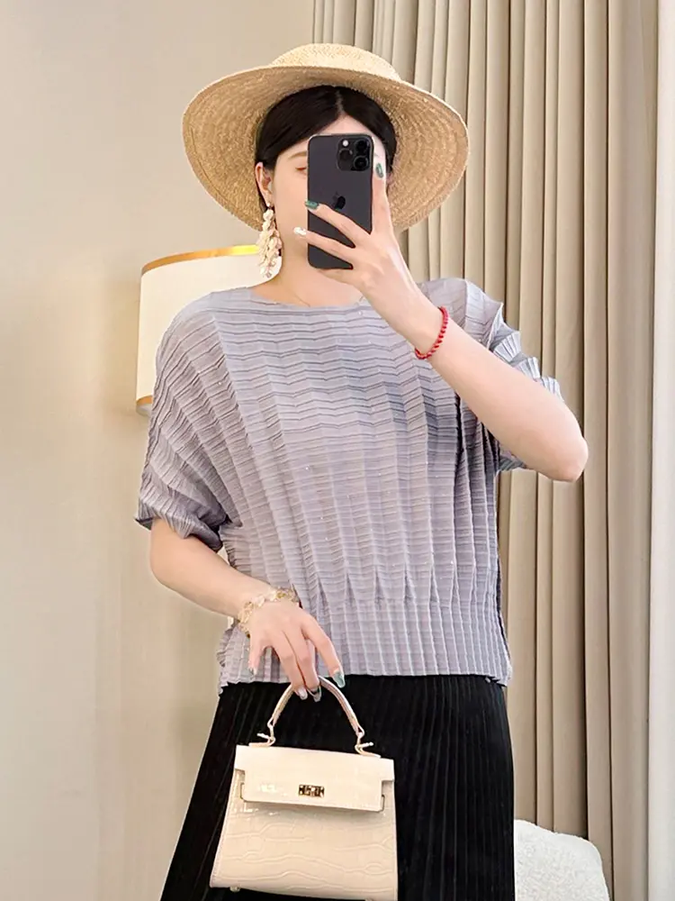 LANMREM Summer Temperament Navy Blue Short-sleeved Pleated T-shirt Women Loose Casual Batwing Short Sleeve Pullover Top 2DB3137