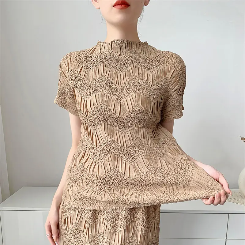 LANMREM Niche Chic Jacquard Pleated Women's Two Pieces Set High Elastic Slim Short Sleeve T-shirt And Straight Skirt New 2DB3702