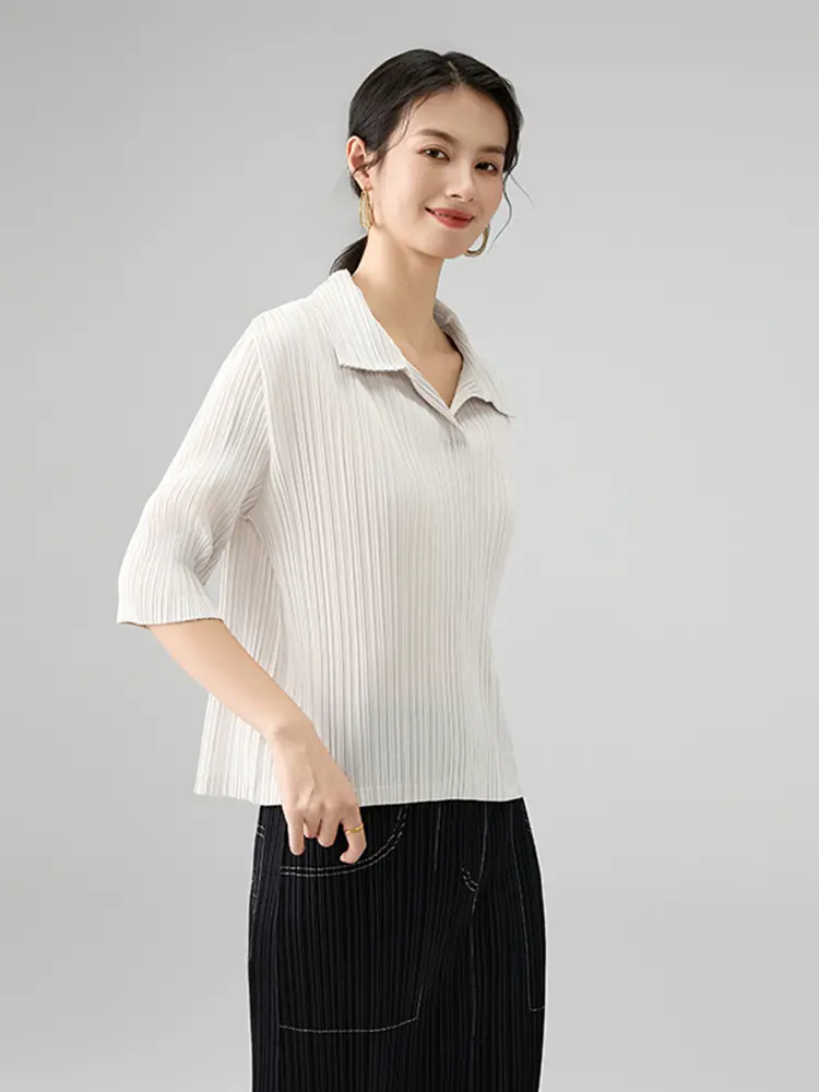LANMREM Simple Lapel Half Sleeve T-Shirt Solid Color Fashion 2025 New Summer Slim Pullover Tops Office Lady Design Tee 2DB2864