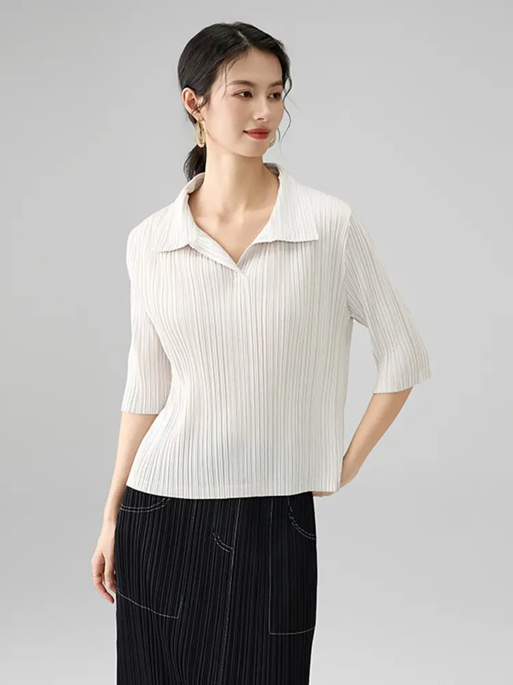 LANMREM Simple Lapel Half Sleeve T-Shirt Solid Color Fashion 2025 New Summer Slim Pullover Tops Office Lady Design Tee 2DB2864