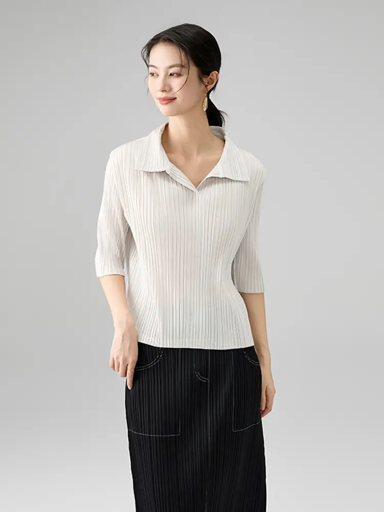 LANMREM Simple Lapel Half Sleeve T-Shirt Solid Color Fashion 2025 New Summer Slim Pullover Tops Office Lady Design Tee 2DB2864
