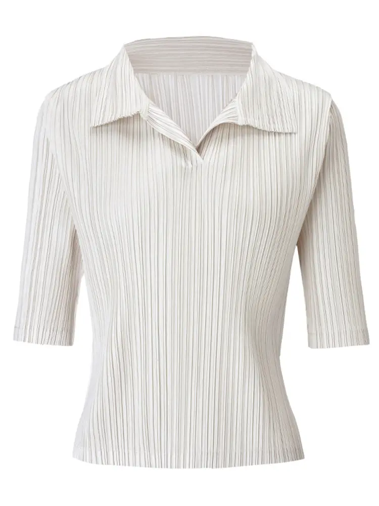 LANMREM Simple Lapel Half Sleeve T-Shirt Solid Color Fashion 2025 New Summer Slim Pullover Tops Office Lady Design Tee 2DB2864