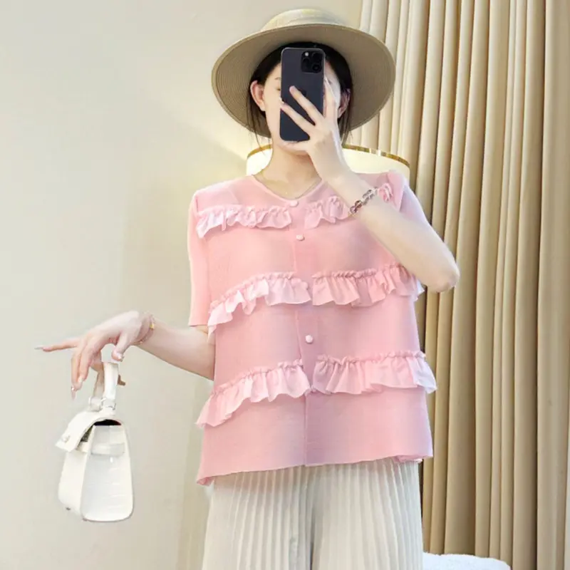 LANMREM Short Sleeve Ruffled Patchwork Design Pleated Women's Top V Collar Single Breasted Shirts Summer 2025 Chic New 2DB4072