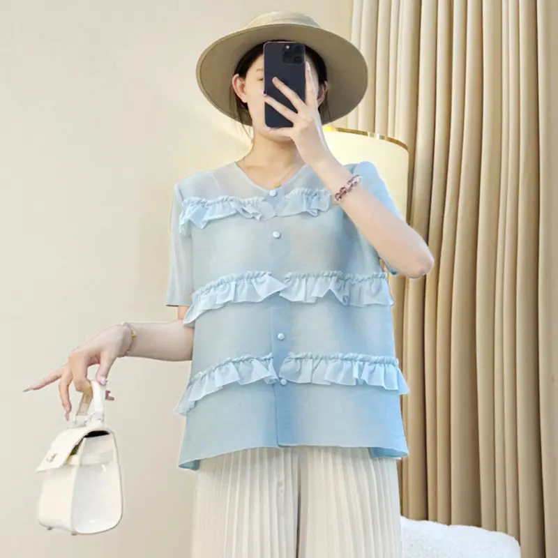LANMREM Short Sleeve Ruffled Patchwork Design Pleated Women's Top V Collar Single Breasted Shirts Summer 2025 Chic New 2DB4072
