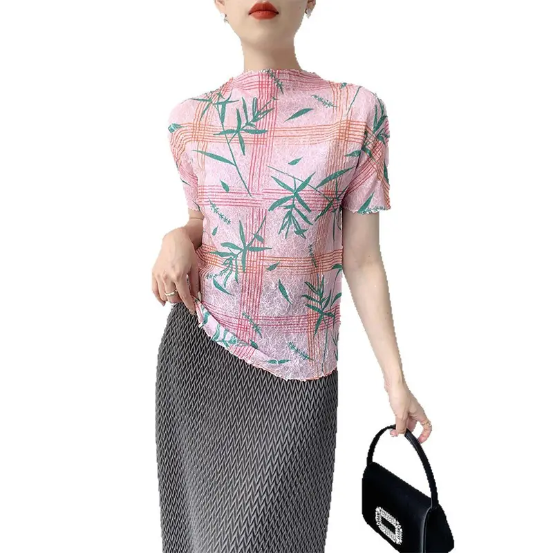 LANMREM 2025 Summer New Fashionable Printed Pleated Top Women's T-shirt With Chinese Style Niche Design Pleated Tops 2DB2885