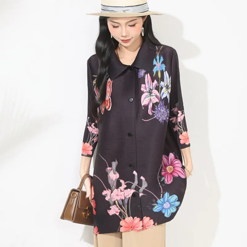LANMREM Elastic Loose Printting Women's Shirt Fashion Turn-Down Collar Top Stylish High-End Pleated Clothing Chic New 2DB4115