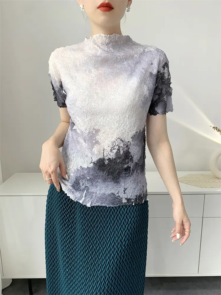 LANMREM 2025 Summer New Fashionable Printed Pleated Top Women's T-shirt With Chinese Style Niche Design Pleated Tops 2DB2885
