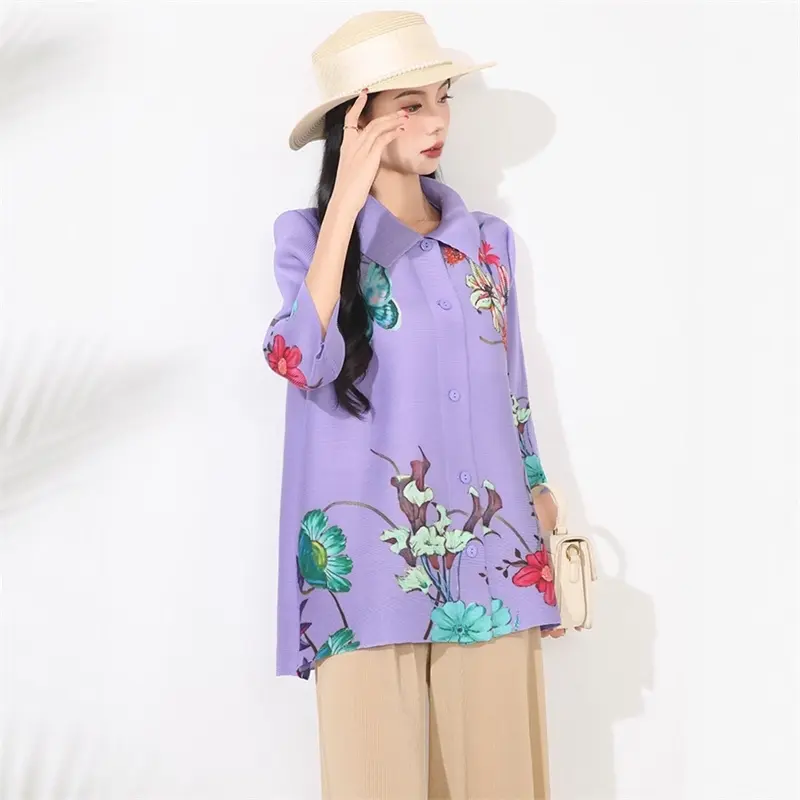 LANMREM Elastic Loose Printting Women's Shirt Fashion Turn-Down Collar Top Stylish High-End Pleated Clothing Chic New 2DB4115