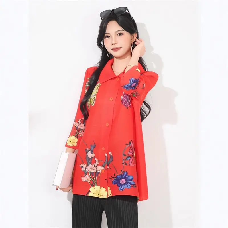 LANMREM Elastic Loose Printting Women's Shirt Fashion Turn-Down Collar Top Stylish High-End Pleated Clothing Chic New 2DB4115