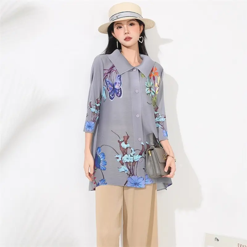 LANMREM Elastic Loose Printting Women's Shirt Fashion Turn-Down Collar Top Stylish High-End Pleated Clothing Chic New 2DB4115