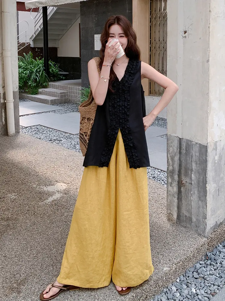 LANMREM Two Pieces Set For Women Black V Neck Long Vest With Yellow Wide Leg Trousers Female Casual Clothing Summer New 2DM1037