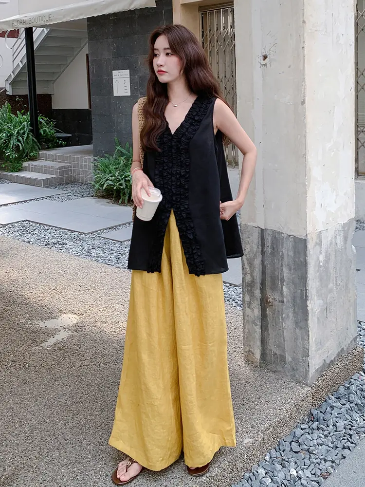 LANMREM Two Pieces Set For Women Black V Neck Long Vest With Yellow Wide Leg Trousers Female Casual Clothing Summer New 2DM1037