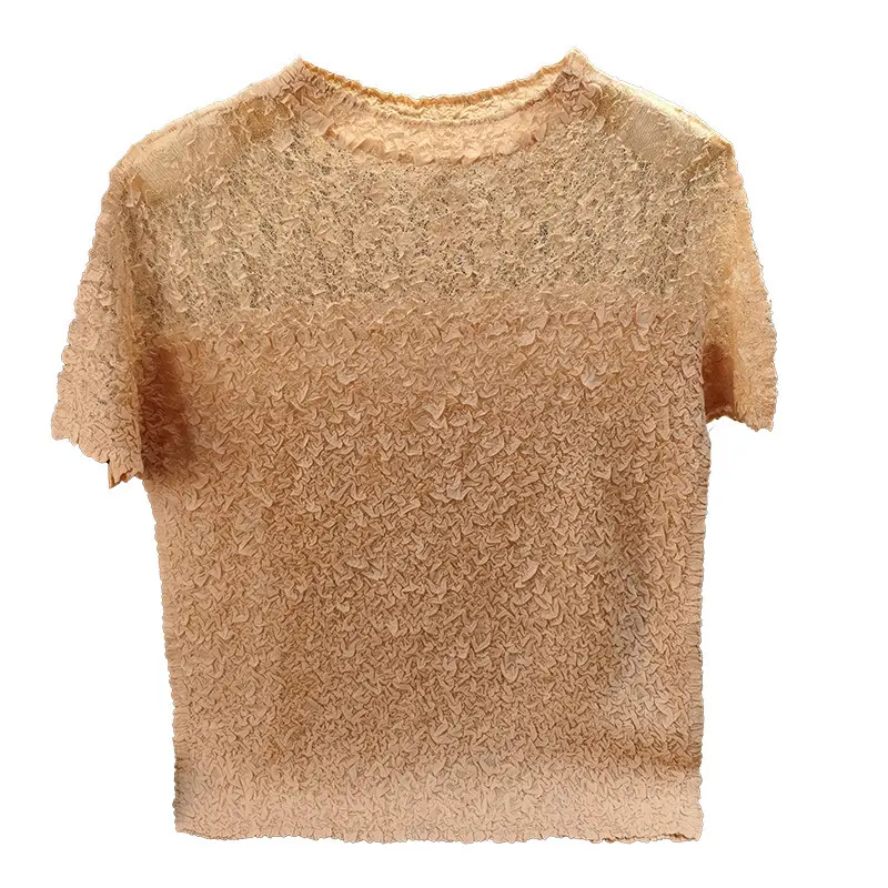 LANMREM pleated splicing round neck apricot women's T-shirt summer 2025 new fashionable solid color pleated short sleeved loose