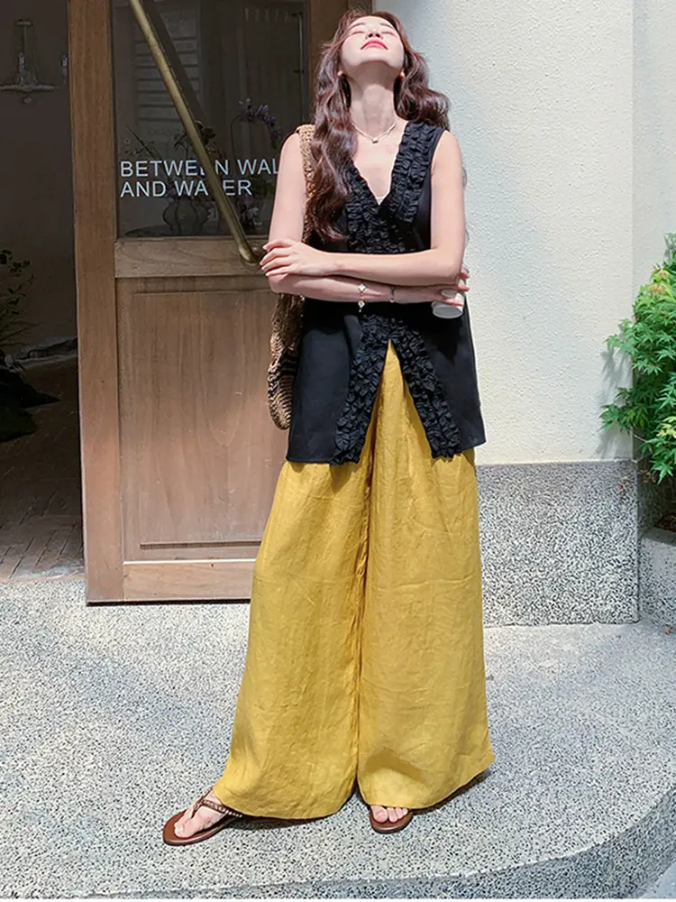 LANMREM Two Pieces Set For Women Black V Neck Long Vest With Yellow Wide Leg Trousers Female Casual Clothing Summer New 2DM1037