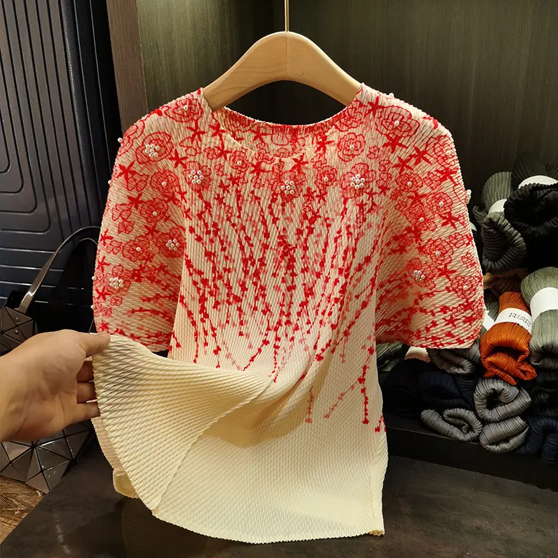 LANMREM Summer Lightweight Beading Print Pleated T-shirs For Women Round Collar Batwing Sleeve Long Pullover Tops 2025 2DB3300