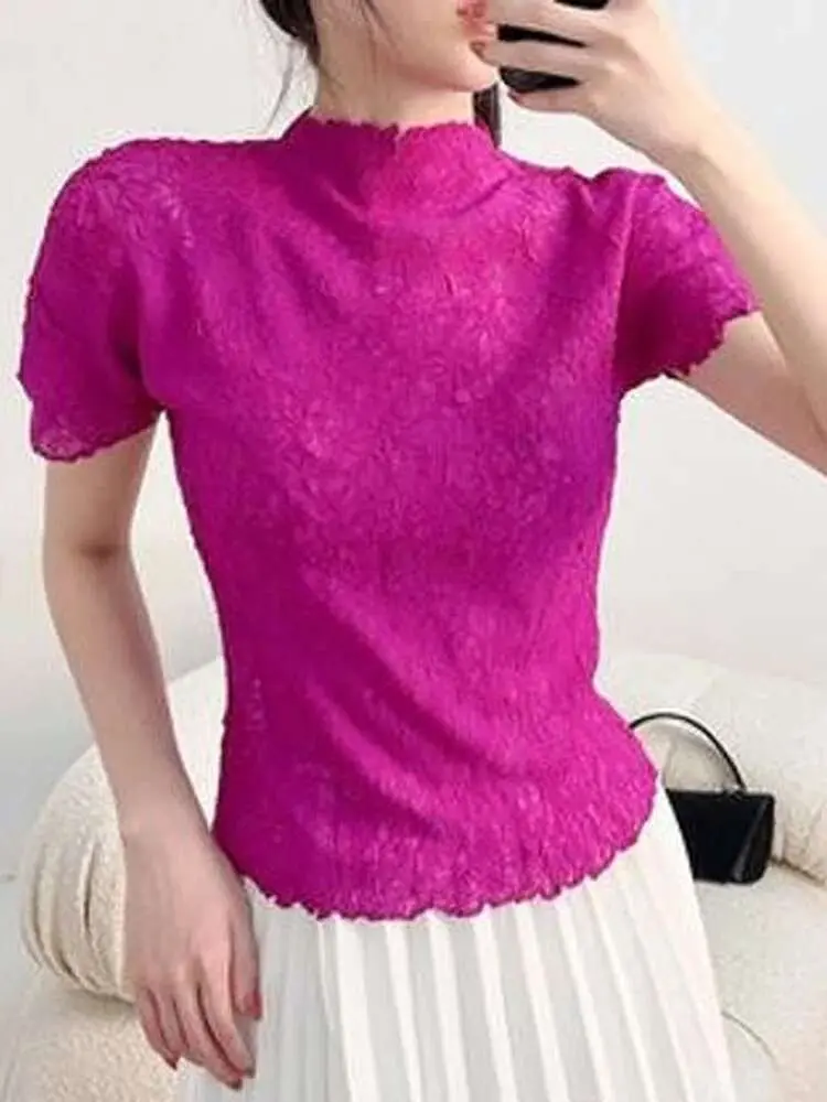 LANMREM Basic Short Sleeved Top Women's Summer Slim Fit Temperament Stand Collar Black Pleated Tee 2025 New Purple Tops 2DB2613