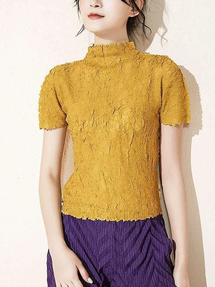 LANMREM Basic Short Sleeved Top Women's Summer Slim Fit Temperament Stand Collar Black Pleated Tee 2025 New Purple Tops 2DB2613