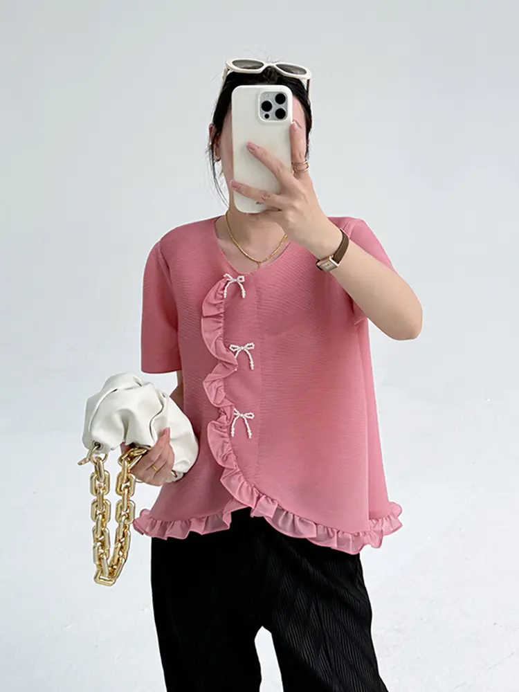 LANMREM 2025 Summer New Irregular Ruffled Panelling‌ Patchwork Pleated Top For Women Versatile Loose Round Neck T-shirt 2DB3161