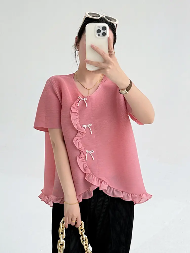 LANMREM 2025 Summer New Irregular Ruffled Panelling‌ Patchwork Pleated Top For Women Versatile Loose Round Neck T-shirt 2DB3161