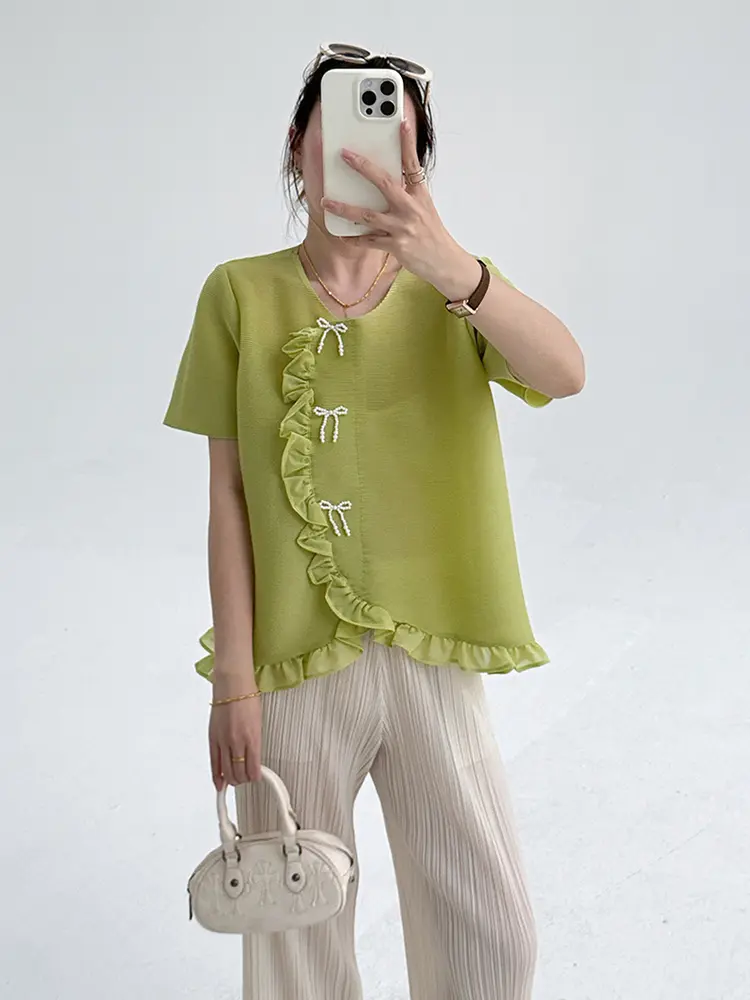 LANMREM 2025 Summer New Irregular Ruffled Panelling‌ Patchwork Pleated Top For Women Versatile Loose Round Neck T-shirt 2DB3161