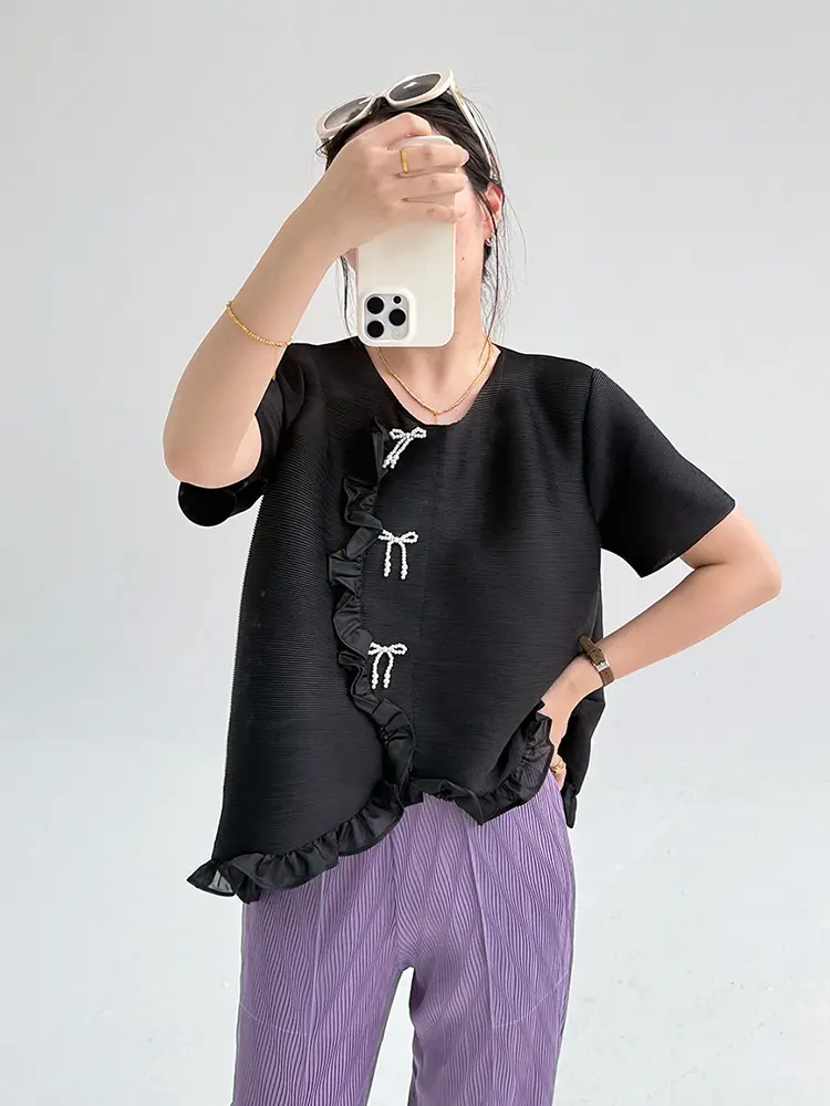 LANMREM 2025 Summer New Irregular Ruffled Panelling‌ Patchwork Pleated Top For Women Versatile Loose Round Neck T-shirt 2DB3161