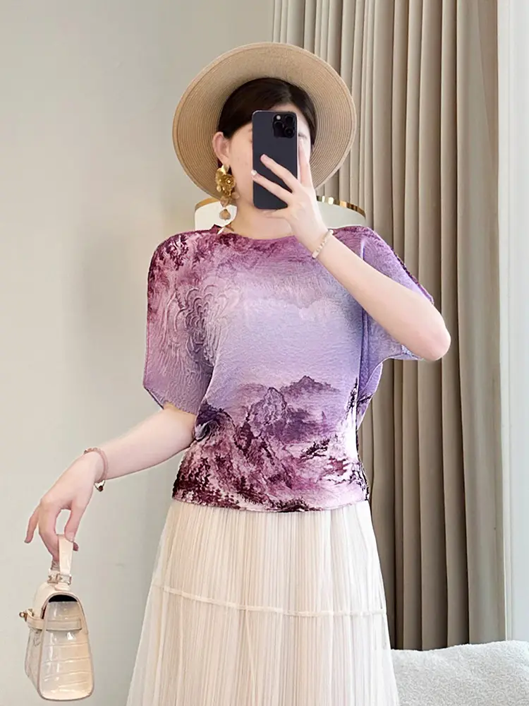 LANMREM Chinese Ink Painting Printed Short Sleeved Pleated T-shirt For Women 2025 New Summer Chic Casual Short Tops 2DB2722
