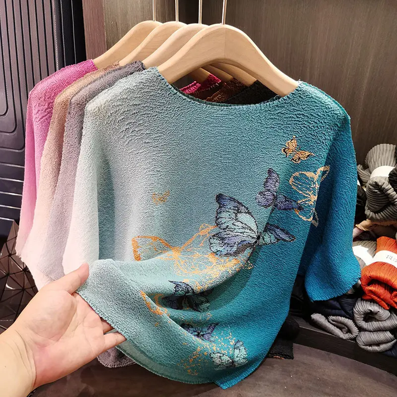 LANMREM High End Design Butterfly Gradient Print Pleated T-shirt For Women Summer New Round Neck Versatile Loose Top 2DB3168