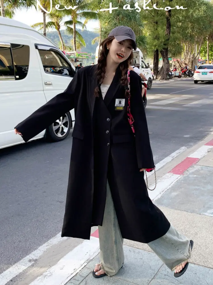 LANMREM Niche Korean Design Long Coats For Women 2025 New Casual Double-layered Placket Single Breasted Suit Overcoats 2DB3484