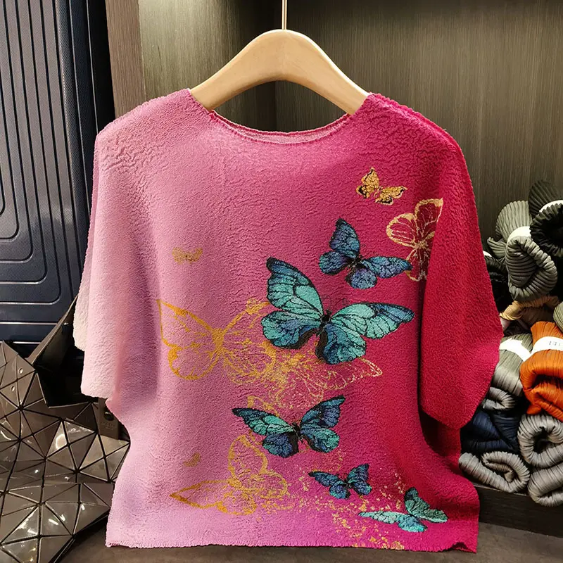 LANMREM High End Design Butterfly Gradient Print Pleated T-shirt For Women Summer New Round Neck Versatile Loose Top 2DB3168