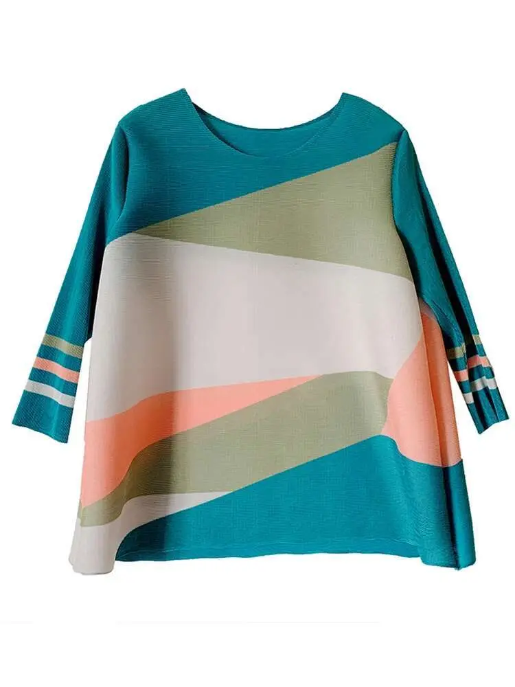 LANMREM 2025 Spring Casual Pleated T-shirt For Women O-neck Long Sleeves Color Block Thin Tops Fashion Female Clothes 2YA824