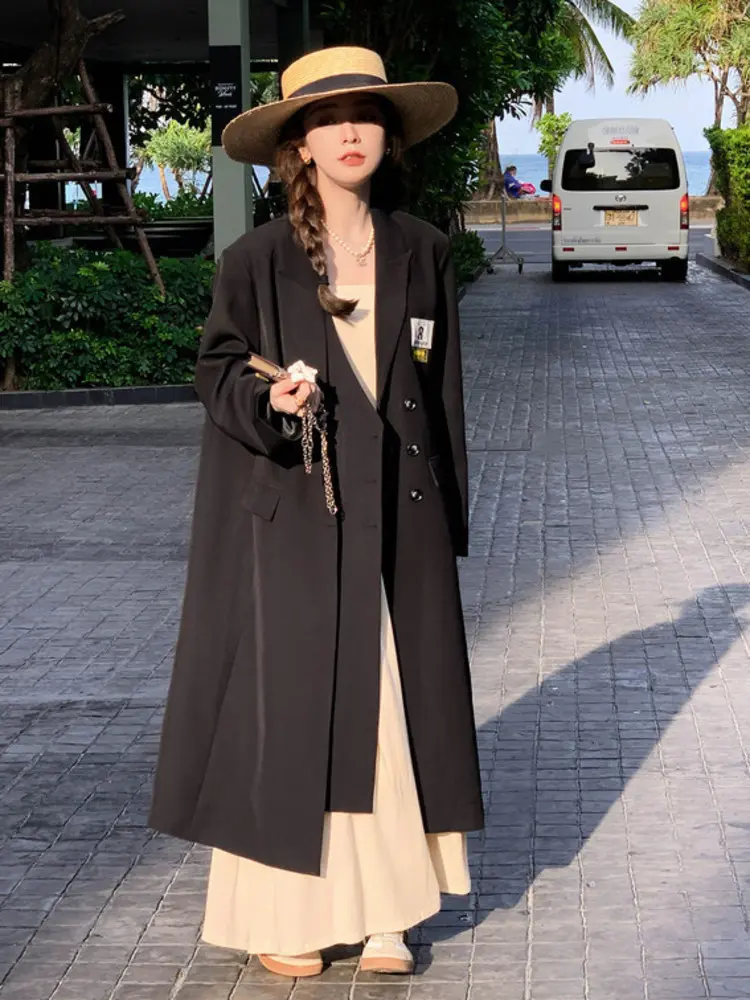 LANMREM Niche Korean Design Long Coats For Women 2025 New Casual Double-layered Placket Single Breasted Suit Overcoats 2DB3484