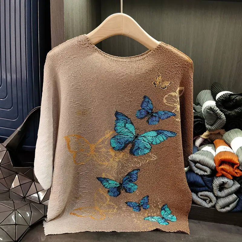 LANMREM High End Design Butterfly Gradient Print Pleated T-shirt For Women Summer New Round Neck Versatile Loose Top 2DB3168