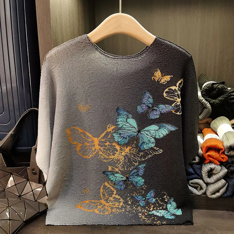 LANMREM High End Design Butterfly Gradient Print Pleated T-shirt For Women Summer New Round Neck Versatile Loose Top 2DB3168