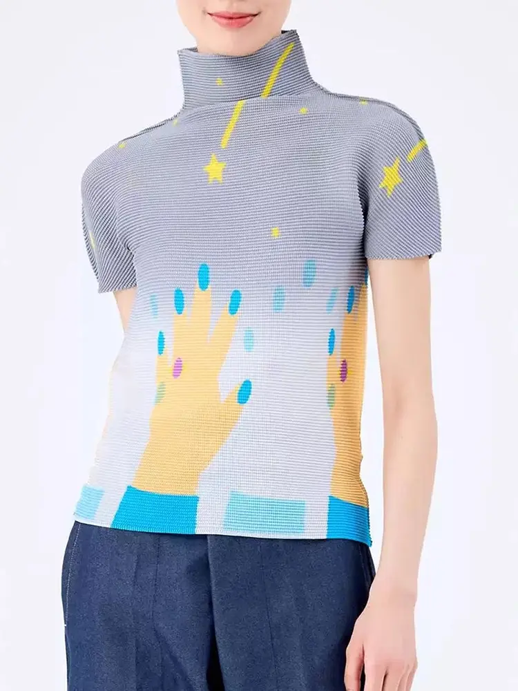 LANMREM Summer Chic Stand Collar Top Design Niche Versatile Slimming Printed Pleated Women's Pullover T-shirt 2025 New  2DB3001